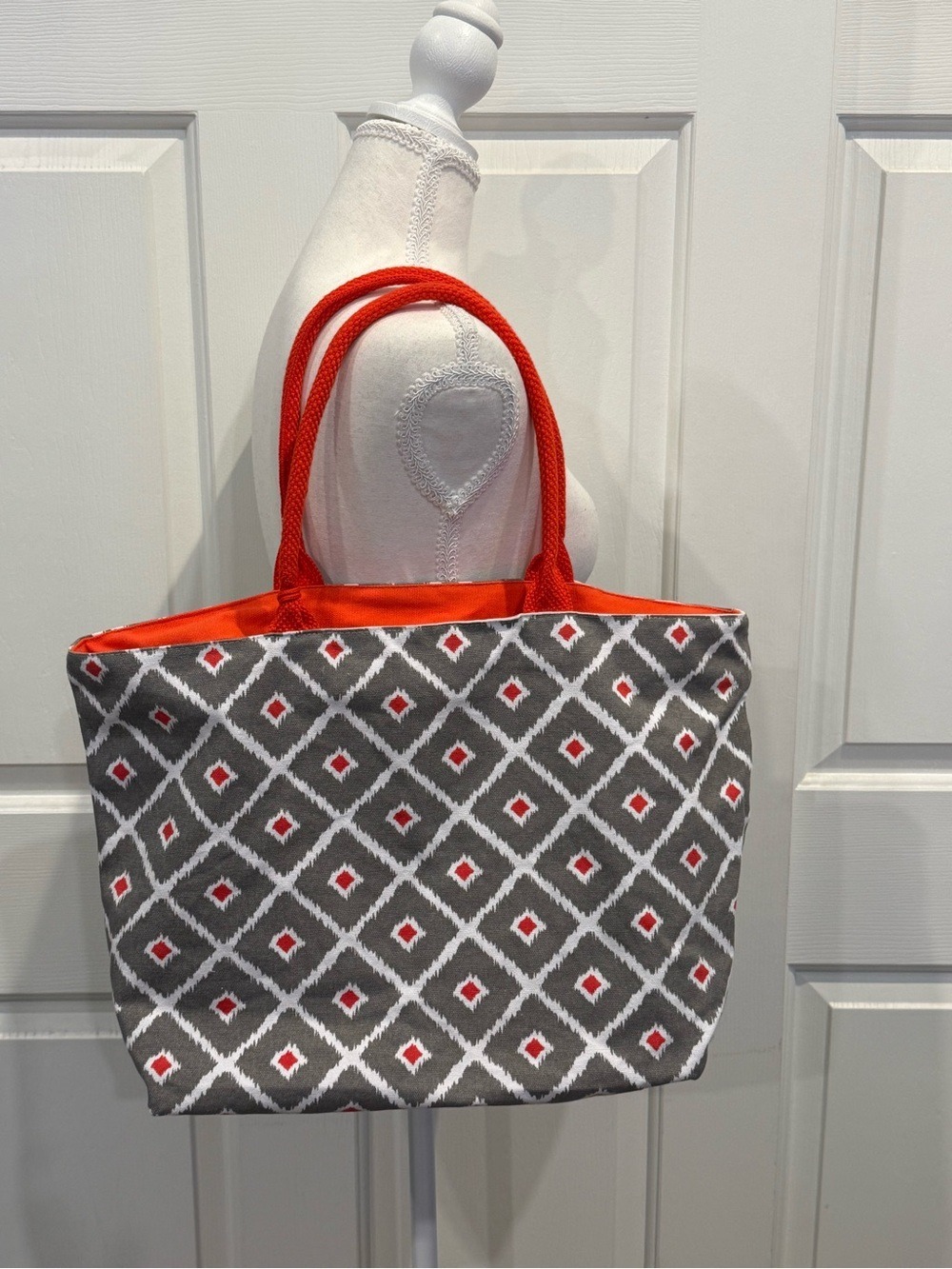 Canvas Tote Bag Gray Geometric Print Orange Handles Zip Pouch Large Shoulder Bag - Picture 2 of 5